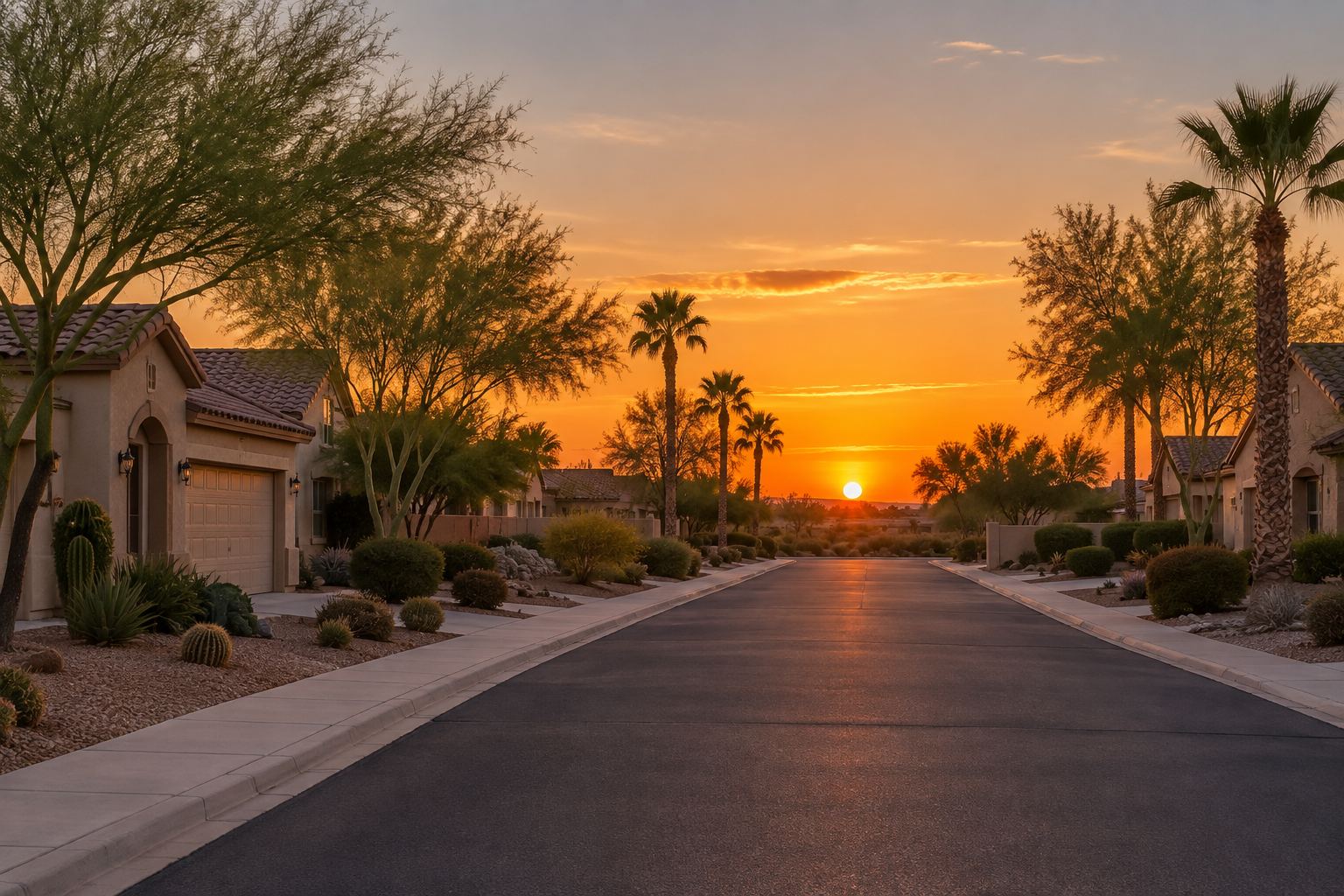A Paradise Valley residential street at sunset, illustrative